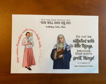 Set of 3 Vinyl Waterproof Saint Stickers. Gianna, Catherine of Siena and Fulton Sheen Saint Water bottle Vinyl Sticker. Catholic Gift.
