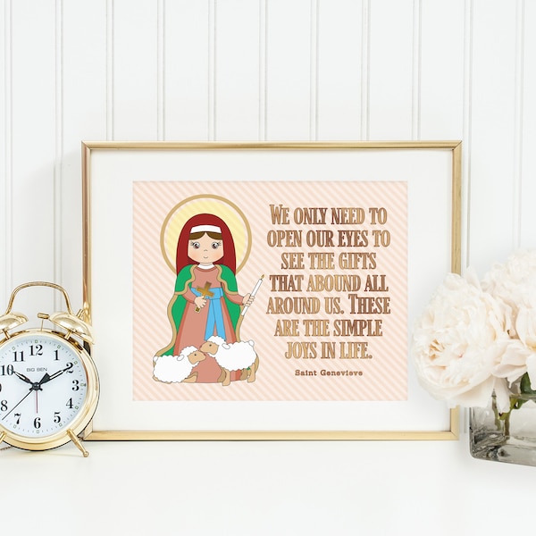 St Genevieve poster print. Saint Genevieve Wall Art Poster. First Communion. We only need to open our eyes. Catholic Gift. Baptism Gift.