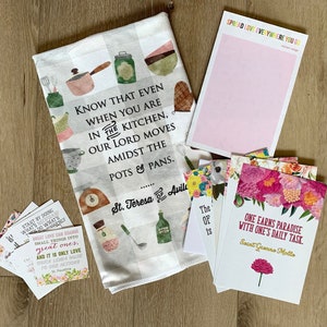 Mother&#39;s Day Saint Bundle with Kitchen Towel. Pots & Pans Avila. Mother Teresa Towel. Francis Xavier kitchen towel. Catholic Mother&#39;s Day