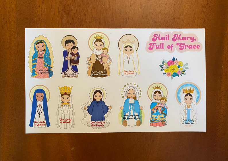 Set of 12 Marian 2 Vinyl Waterproof Saint Stickers. 8 x 5 Our Lady Water bottle Vinyl Stickers. Vinyl Decal Set. Catholic Gift. image 1