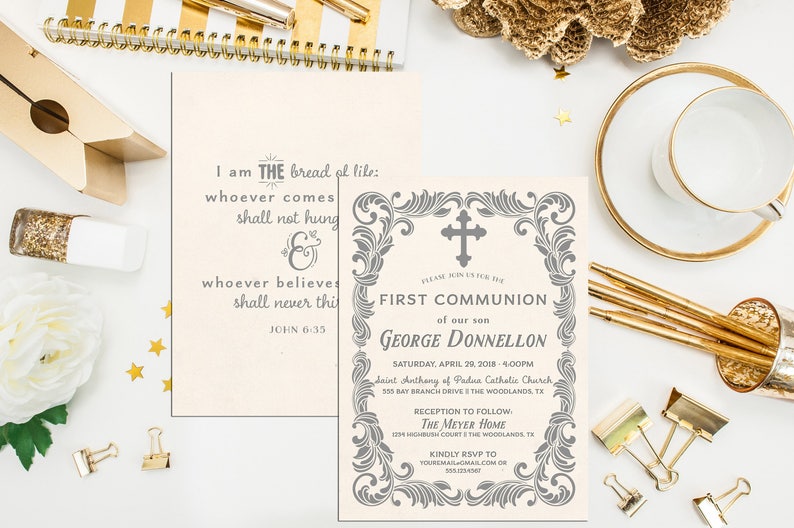 Neutral First Communion Invitation Flourish Frame Invite Holy Christening Boy Girl