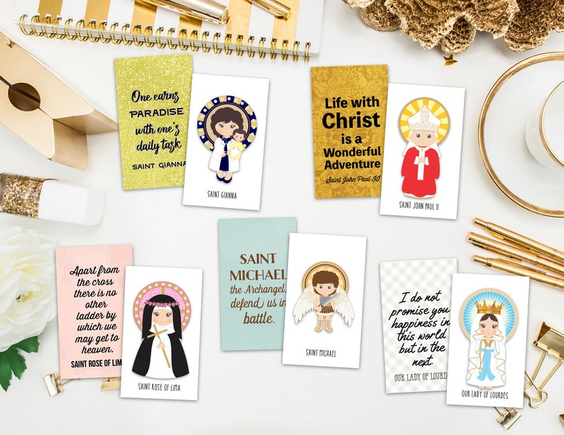 Set of 15 Saint Cards with quotes. Kid Saint Keychain set. First Communion. Baptism Gift. Catholic Gift. Saint Quotes on keychain. Easter. image 3