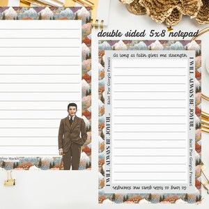May include: A double-sided 5x8 notepad featuring a mountain landscape border. One side shows a man in a brown suit. The other side includes the text: I WILL ALWAYS BE JOYFUL. As long as faith gives me strength. Saint Pier Giorgio Frassati.
