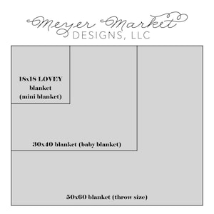 May include: Diagram showing three different sizes of blankets: 18x18 inches (mini blanket), 30x40 inches (baby blanket), and 50x60 inches (throw size).