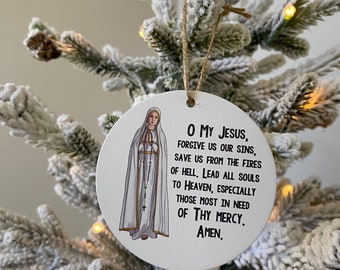 Our lady of Fatima Wooden Christmas Ornament. Baptism Gift. Mary Ornament. Catholic Christmas Gift. First Communion Gift. Oh my Jesus prayer