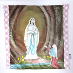 18&quot; Our Lady of Lourdes watercolor Ultra Soft Lovey Mini Blanket. Baby Prayer Blanket. Lovie Blanket. Baptism Gift. Catholic Baby Gift.