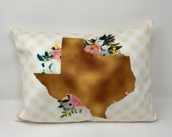 Floral Texas Pillow. Bronze and floral Texas pillow. Texas home decor. Texas Gift. Texas Home Decor. House Warming. Texas Pillow gift.