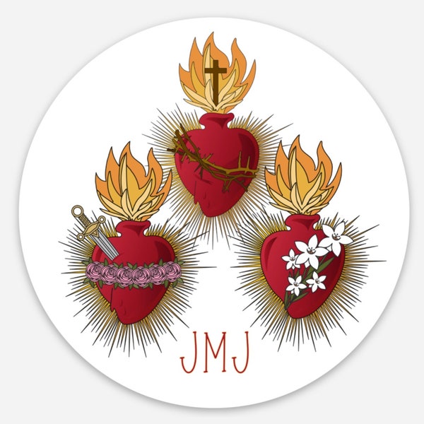 3" Vinyl Waterproof Sacred heart of Jesus, Mary and Joseph Stickers. Sacred heart Water bottle Saint Sticker. Catholic decal. JMJ Decal