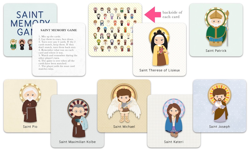 May include: A Saint Memory Game with colorful illustrations of various saints. The game includes instructions and 24 cards with images of saints like Saint Patrick, Saint Therese of Lisieux, and Saint Michael.