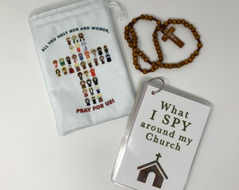 All you Holy Men and Women Cloth bag. Pray for us gift. First communion. Church Tote. Cross bag. Catholic gift. Rosary pouch.