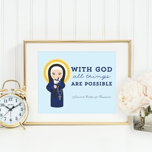 Saint Rita of Cascia prayer print. Saint Rita Wall Art Poster. Nursery Prayer Print. Catholic Poster. Baptism Gift. With God all things