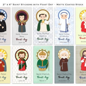 Set of 50 - 2x4" Saint Stickers with feast day. Kids Saint Stickers. First Communion. Homeschooling. Catholic Gift. Catholic Saint Stickers.