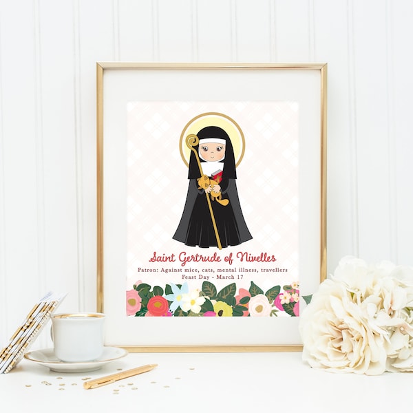 Saint Gertrude of Nivelles print. St. Gertrude Wall Art Poster Gift. Patron Saint of Cats Poster. Catholic Poster. Gertrude gift.