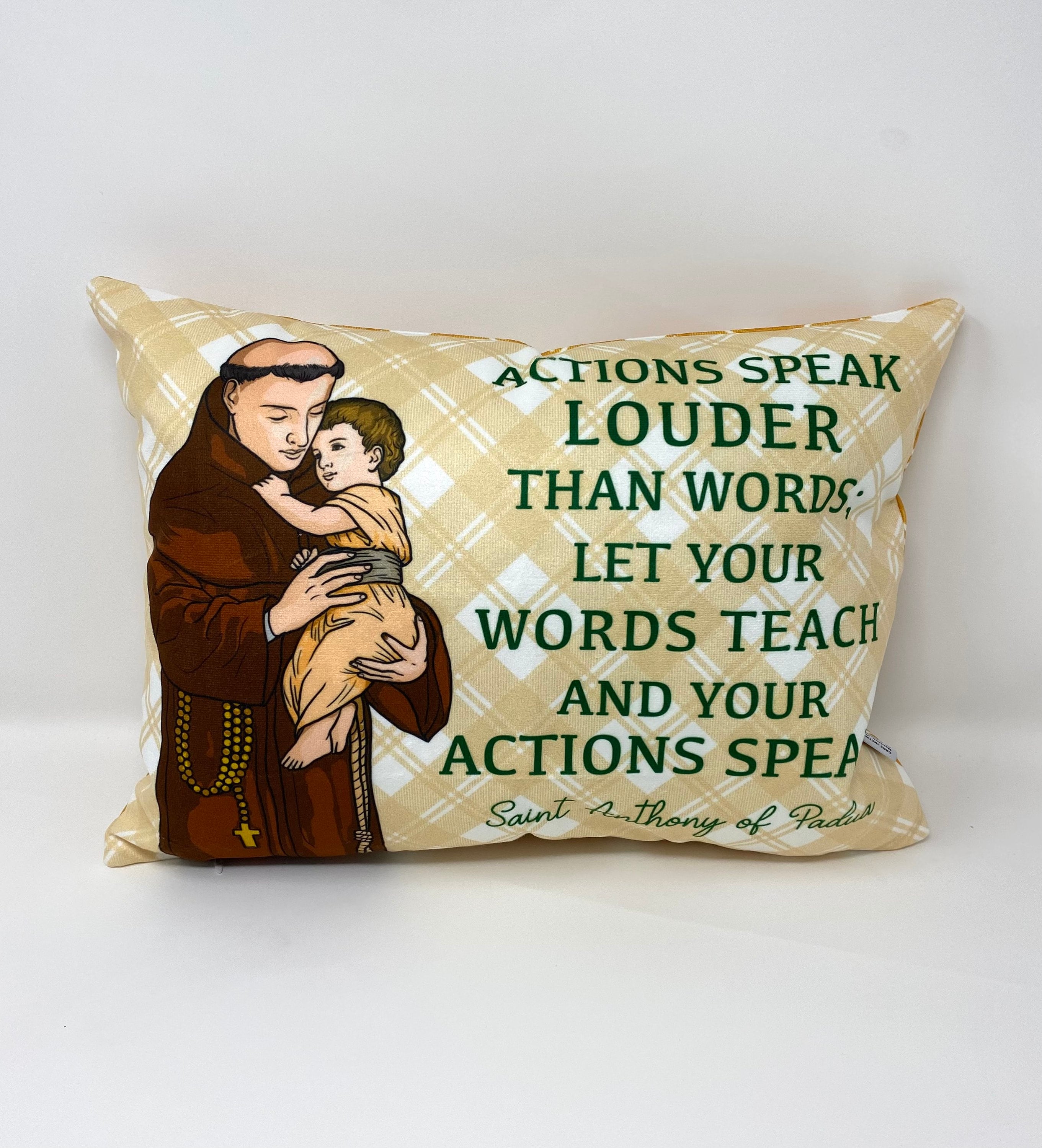 Saint Anthony of Padua pillow. Actions speak louder pillow. Baptism Gift. First Communion gift. Catholic. First Communion. St. Anthony Gift