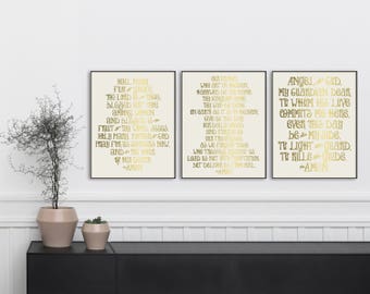 Gold Prayer Prints. Set of 3 Prayer Prints. Our Father, Hail Mary & Angel of God Art Prints. Christian Wall Art Prints. Farmhouse Prayers