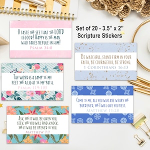 May include: Set of 20 colorful scripture stickers, each measuring 3.5 inches by 2 inches. The stickers feature floral designs and inspirational bible verses, such as "Taste and see that the Lord is good!" and "Thy word is a lamp to my feet and a light to my path."