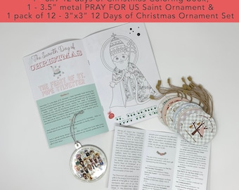 Catholic Saint Christmas Bundle. 12 Days of Christmas Catholic Gift Set. Christmas Coloring Book and ornament set. Catholic Christmas Gift.