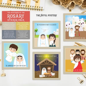 Set of 20 - 3" Mysteries of the Rosary Stickers Set. First Communion. Homeschooling. Catholic. Catholic Rosary Stickers. Easter Gift.