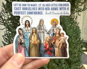 Marian 3" Waterproof vinyl Saint Stickers. Kids Water bottle Saint Stickers. First Communion. Catholic Saint Decal. Let us run to Mary