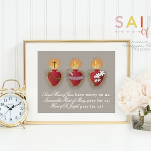 Póster del Sagrado Corazón de Jesús, María y José. Sagrado Corazón de Jesús, ten piedad. Primera comunión. Póster católico. Regalo de bautismo.