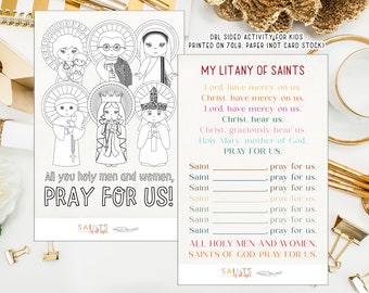 May include: A printable coloring page featuring a group of saints with a litany of saints prayer list. The prayer list includes lines for writing in the names of saints. The coloring page is designed for kids and is printed on 70lb paper.