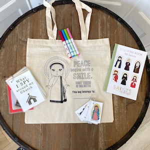 Mass Bag with Kids Coloring Tote Bag. Peace begins with a smile canvas bag. Catholic Mass Games. Catholic Saint Bag. Kids Church Bag.