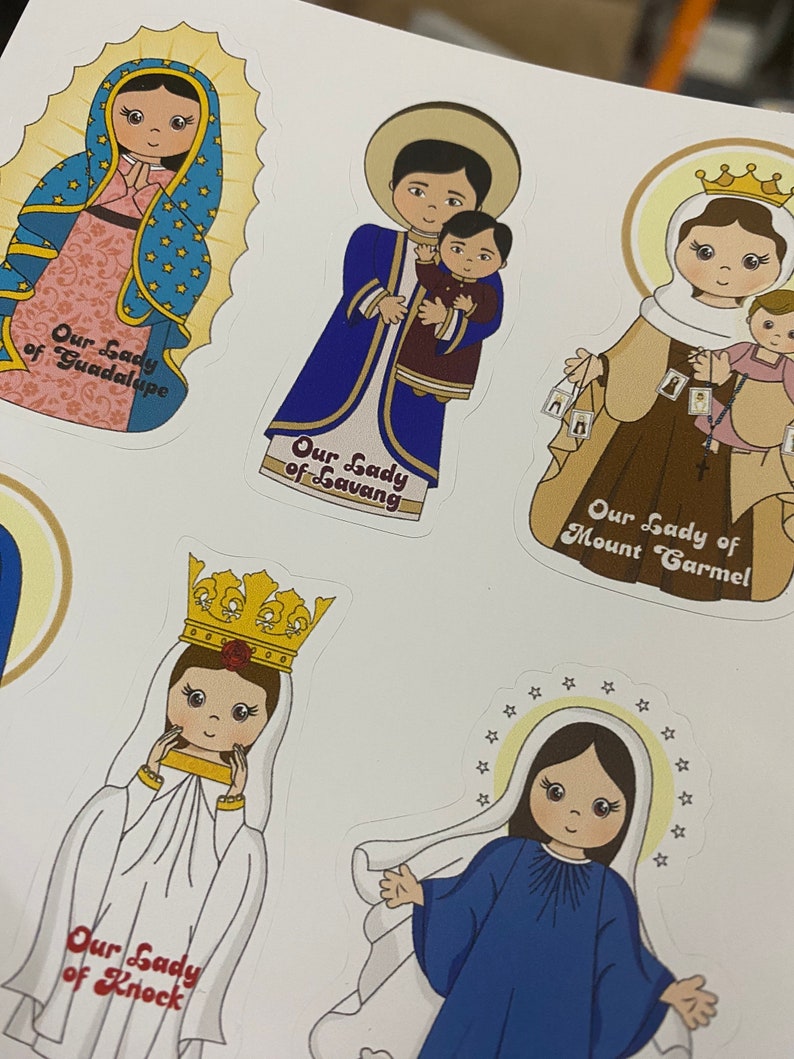 Set of 12 Marian 2 Vinyl Waterproof Saint Stickers. 8 x 5 Our Lady Water bottle Vinyl Stickers. Vinyl Decal Set. Catholic Gift. image 5