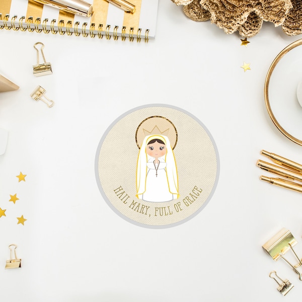 Ave María, Llena eres de Gracia, pegatinas impermeables de 7,6 cm. Pegatinas infantiles de santos para botellas de agua. Primera Comunión. Pegatina de santo católico.