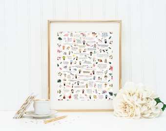 May include: A framed print with a white background and colorful illustrations of people and flowers. The print features quotes about faith and spirituality.
