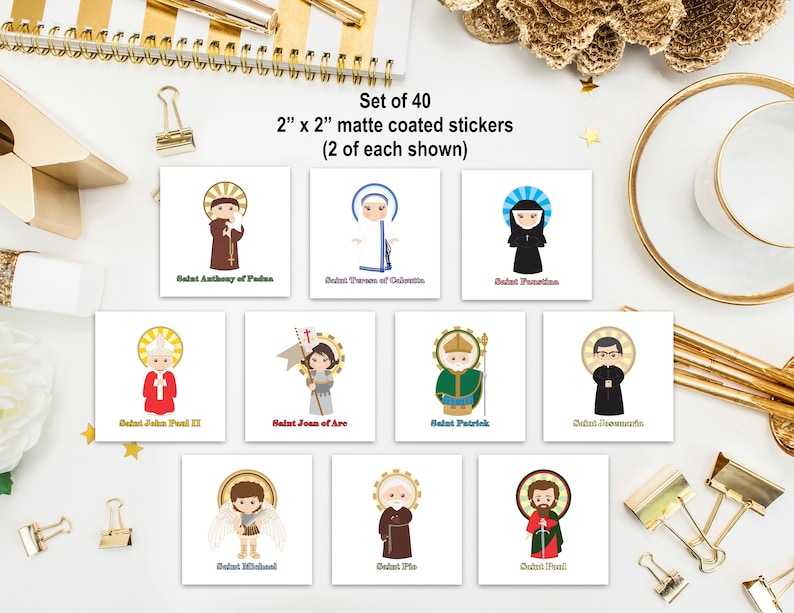 Set of 40 Saint Stickers SET 1. Kids Saint Stickers. First Communion Gift. Homeschooling. Catholic Gift. Catholic Stickers. Prayer Stickers. image 2