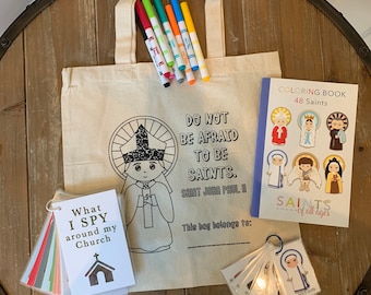 Mass Bag with Kids Coloring Tote Bag. Do not be afraid to be saints canvas bag. Catholic Mass Games. Catholic Saint Bag. Kids Church Bag.