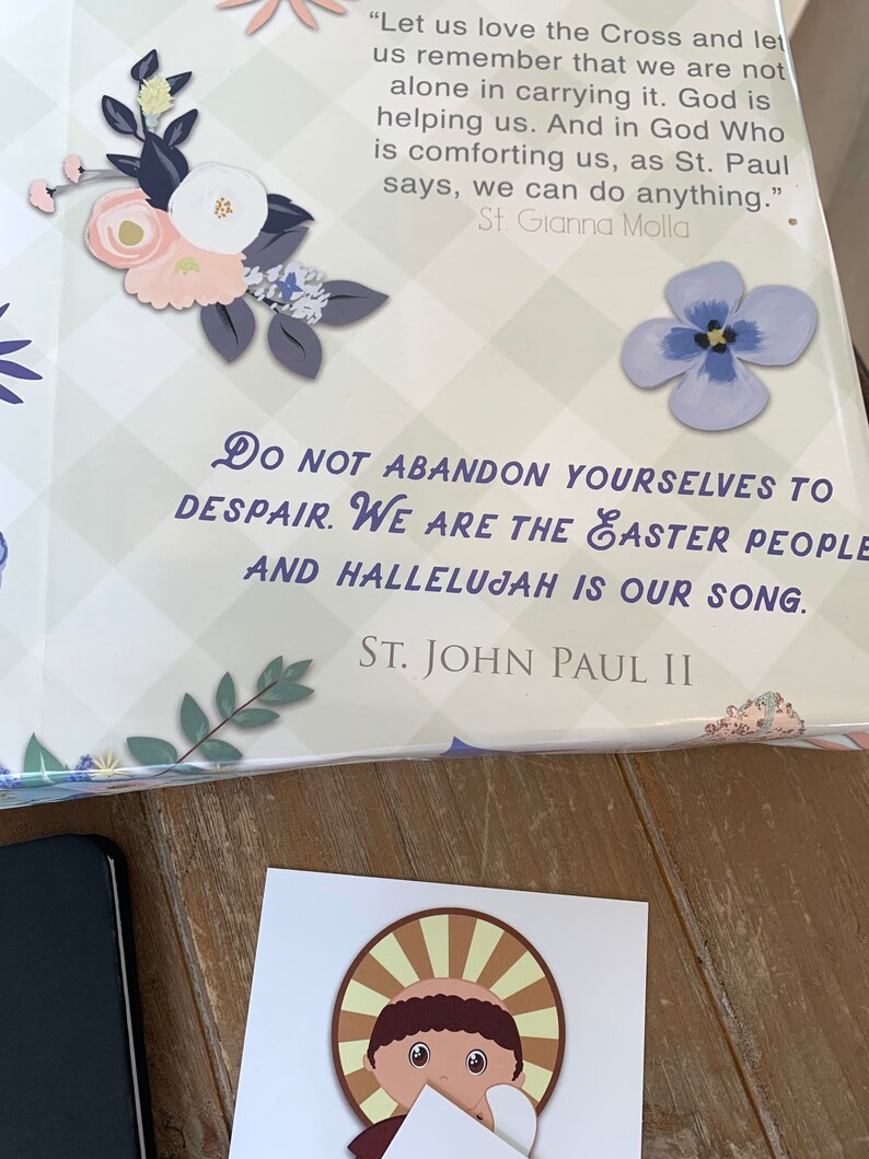 Pu&ograve; includere: Un libro con un designo floreale sulla copertina. Il testo sulla copertina recita "Non abbandonatevi alla disperazione. Siamo il popolo di Pasqua e Alleluia &egrave; il nostro canto. San Giovanni Paolo II".