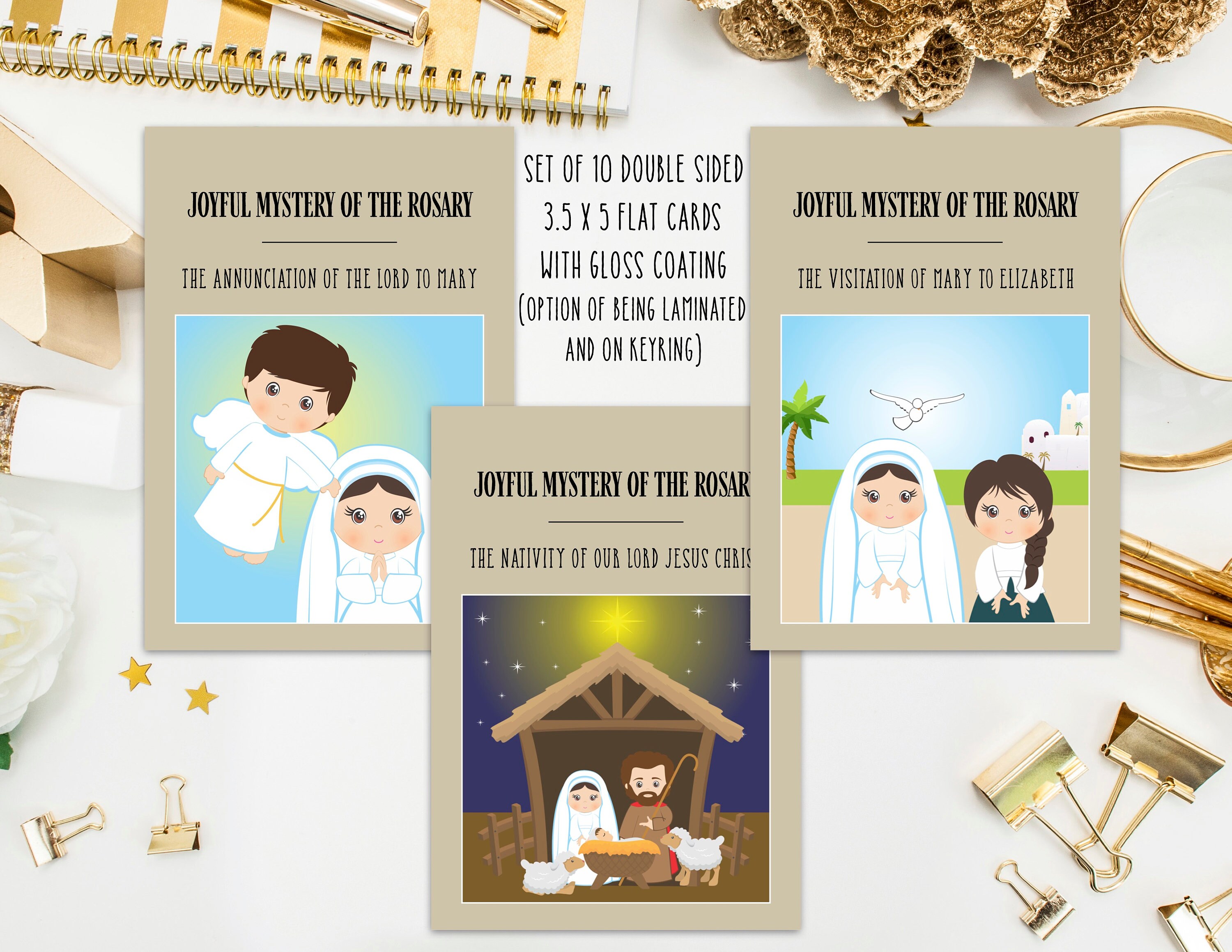 Rosary Mystery Prayer Cards Set - 5 Laminated Catholic Prayer Cards With Lord's Prayer Included