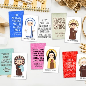 Set of 15 Saint Cards with quotes. Kid Saint Keychain set. First Communion. Baptism Gift. Catholic Gift. Saint Quotes on keychain. Easter. image 1