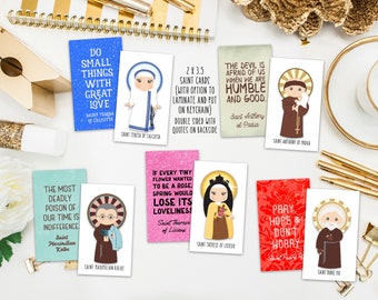 Set of 15 Saint Cards with quotes. Kid Saint Keychain set. First Communion. Baptism Gift. Catholic Gift. Saint Quotes on keychain. Easter.