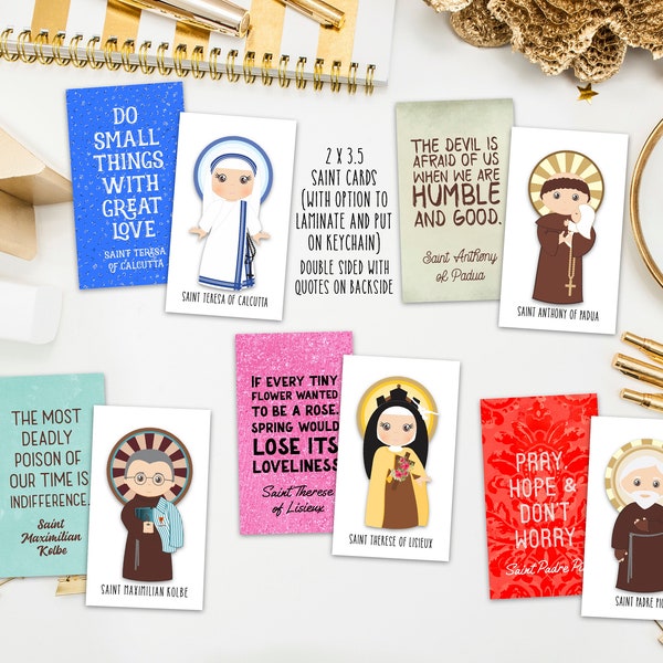 Set of 75 Saint Cards with quotes. Kid Saint Keychain set. First Communion. Baptism Gift. Catholic Gift. Saint Quotes on keychain. Easter.