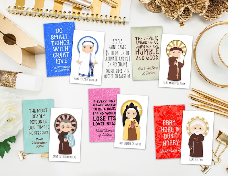 Set of 15 Saint Cards with quotes. Kid Saint Keychain set. First Communion. Baptism Gift. Catholic Gift. Saint Quotes on keychain. Easter. image 1