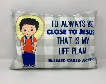 Blessed Carlo Acutis pillow. Blessed Carlo Acutis prayer pillow. Baptism Gift. First Communion gift. Catholic. First Communion. Carlo Gift.