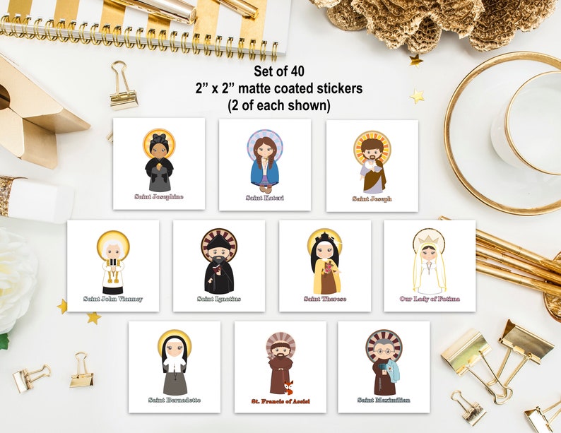 Set of 40 Saint Stickers SET 1. Kids Saint Stickers. First Communion Gift. Homeschooling. Catholic Gift. Catholic Stickers. Prayer Stickers. image 1