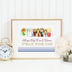 All you holy men and women pray for us poster print. Catholic Wall Art Poster. First Communion. JPII, Mother Teresa, Mary Poster Kids Saints