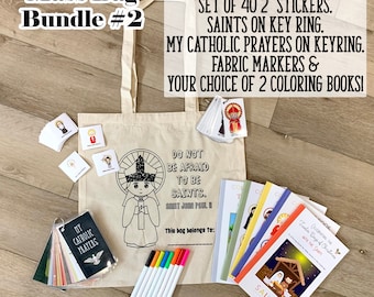 Mass Bag #2 with Kids Coloring Tote Bag. Toddler Mass bag with coloring books and stickers & canvas bag. Catholic Mass. Kids Church Bag