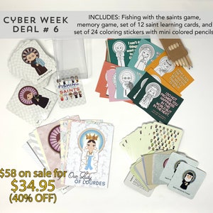 May include: A set of Catholic religious educational materials for children. The set includes a fishing game, memory game, saint learning cards, coloring stickers, and mini colored pencils. The set is on sale for $34.95.