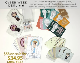 Cyber Week Deal #6 Saint Memory Game, Fishing with the Saints and Coloring Stickers Combo Set. First Communion Gift. Catholic Gift