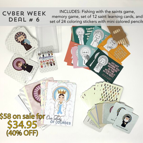 Cyber Week Deal #6 Saint Memory Game, Fishing with the Saints and Coloring Stickers Combo Set. First Communion Gift. Catholic Gift