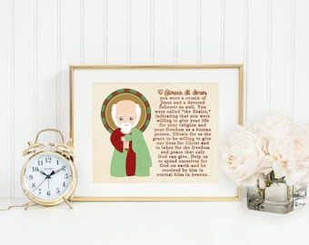 May include: A printable 8x10 inch art print featuring a cartoon illustration of Saint Simon, a cousin of Jesus. The print includes a short biography of Saint Simon and a prayer to him. The print is framed in a gold frame and is sitting on a white shelf with a gold alarm clock and a vase of white flowers.