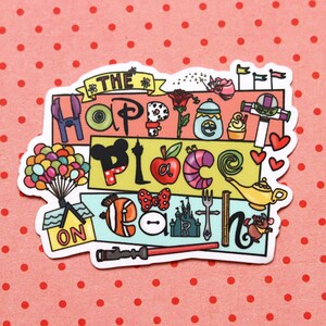 May include: A colorful sticker with the text "The Happiest Place on Earth" surrounded by various Disney characters and icons, including Mickey Mouse, a castle, a fork, and a genie lamp.