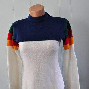 Vintage Ski Sweater Womens Ladies Athletic Sweatshirt White Red Blue Striped 70s 80s Slim LARGE