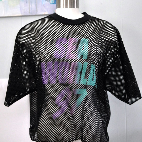 Vintage Mesh TShirt Sea World 97 Black Neon Aqua Purple Pink Teal Shirt Summer Rad Baggy Beach California Florida