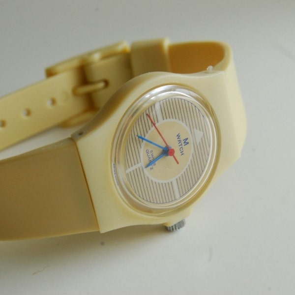 80s Ladies Watch Pastels Cream Beige Blue Red Design M Watch Swiss Made Swatch Style Ladies Watch WORKS