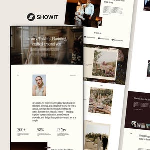 May include: A digital interface for a Showit website featuring a wedding planning service named Lumene. The layout includes a hero image of a couple, text headers like Luxury Wedding Planning, crafted around you, and sections displaying photography, statistics, and service descriptions.